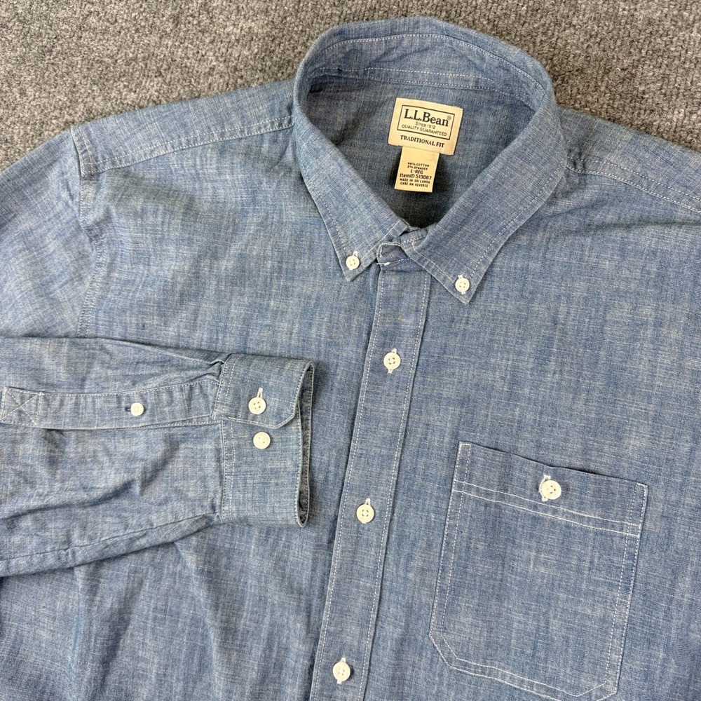 LL Bean Chambray Shirt Mens L Blue Long Sleeve Button Up Work Utility Denim